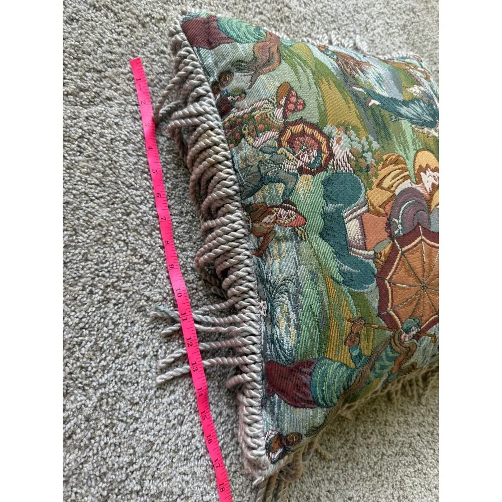 Vintage Victorian Tapestry Throw‎ Pillow with Fringe Ladies in Garden Scene